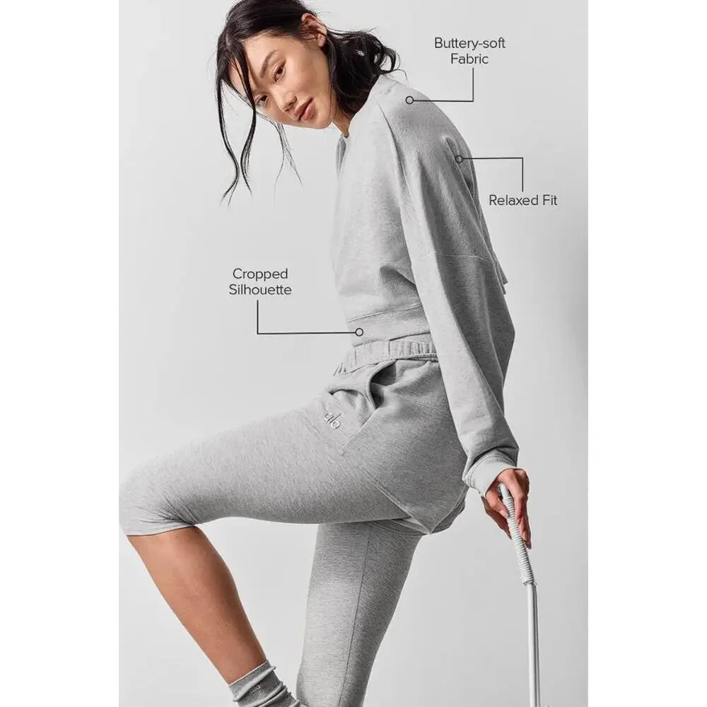 ALO YOGA Women's Cropped Sway Crew Neck Pullover Size M In Athletic Heather Grey